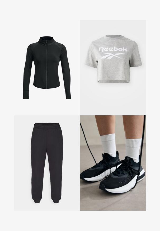 Musta urheilutakki, jossa on korkea kaulus, täysi vetoketju, pitkät hihat ja teksturoidut olkaimet. Valmistettu sileästä, joustavasta kankaasta.; Harmaa lyhythihainen t-paita, joka on valmistettu puuvillasta. Paidassa on pyöreä pääntie ja lyhyet hihat, sekä valkoinen "Reebok" -teksti ja logo painettuna etuosaan.; Mustat urheiluhousut, joissa on joustava vyötärö, kapenevat lahkeensuut, sileä kangas ja ei näkyviä kuvioita tai kiinnityksistä.; Mustat urheilukengät, joissa on teksturoitua kangasta, valkoiset pohjat ja mustat nauhat. Yhdistetty valkoisten urheilusukkien kanssa, seisten vaalealla pinnalla.