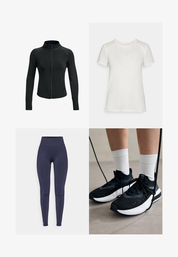 Svart träningsoverall med hög krage, hel dragkedja, långa ärmar och strukturerade axelpartier. Tillverkad av en slät, elastisk tyg.; Vitt kortärmat t-shirt av mjukt tyg, med rund halsringning och en avslappnad passform med släta, sömlösa axeldetaljer.; Mörkblå leggings med hög midja, tillverkade av ett slätt, töjbart material. Figurnära design som smalnar av vid fotlederna utan mönster.; Svarta sportskor med texturerat tyg, vit sula och svarta snören. Bärs med vita reglerade strumpor, stående på en ljus yta.