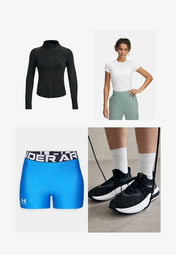 Black athletic jacket with a high collar, full zip, long sleeves, and textured shoulder accents. Made from a smooth, stretchy fabric.; White fitted t-shirt with short sleeves, paired with light green elastic waistband pants. Smooth texture, minimalist design, and no visible patterns.; Blue athletic shorts with a black waistband featuring white "UNDER ARMOUR" text. Smooth texture, fitted design, and logo at the hem.; Black athletic shoes with textured fabric, white sole, and black laces. Worn with white ribbed socks, standing on a light surface.