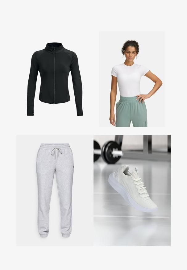 Black athletic jacket with a high collar, full zip, long sleeves, and textured shoulder accents. Made from a smooth, stretchy fabric.; White fitted t-shirt with short sleeves, paired with light green elastic waistband pants. Smooth texture, minimalist design, and no visible patterns.; Light gray sweatpants with an elastic waistband and drawstring, cuffed ankles, and a small logo on the left thigh. Made from soft fabric.; White athletic sneaker with a textured mesh upper and lacing system, featuring a cushioned white sole and subtle ribbed accents.