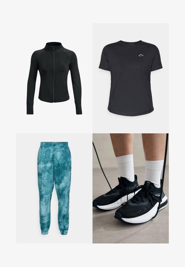 Musta urheilutakki, jossa on korkea kaulus, täysi vetoketju, pitkät hihat ja teksturoidut olkaimet. Valmistettu sileästä, joustavasta kankaasta.; Musta lyhythihainen urheilupaita, jossa on pyöreä kaula-aukko, sileä kangas ja heijastava sininen logo vasemmassa rinnassa. Ompeleet reunassa.; Nebbia RE-FRESH - Verryttelyhousut - green; Mustat urheilukengät, joissa on teksturoitua kangasta, valkoiset pohjat ja mustat nauhat. Yhdistetty valkoisten urheilusukkien kanssa, seisten vaalealla pinnalla.