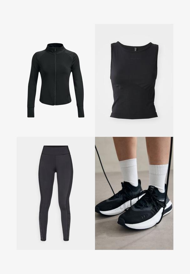 Must have käekott must sportlik jakk kõrge kraega, täispikk tõmblukk, pikad varrukad ja tekstureeritud õlavarre aktsendid. Valmistatud sujuvast ja venivast kangast.; Mustamata ilma varrukat sporditopp, mis on valmistatud siledast kangast, ümarate kaelustega ja keha lähedaselt istuvaga, kusjuures on peenelt logo detail.; Mustad mustad, mis on valmistatud venivast materjalist. Kõrge vöökoht, sile tekstuur, millel on mustritooted sääres.; Mustad mustad jalanõud tekstuuritud kangast, valge tallaga ja mustade paeltega. Kanna valgete soonikkudega sokkide sisse, seistes helesinisel pinnal.