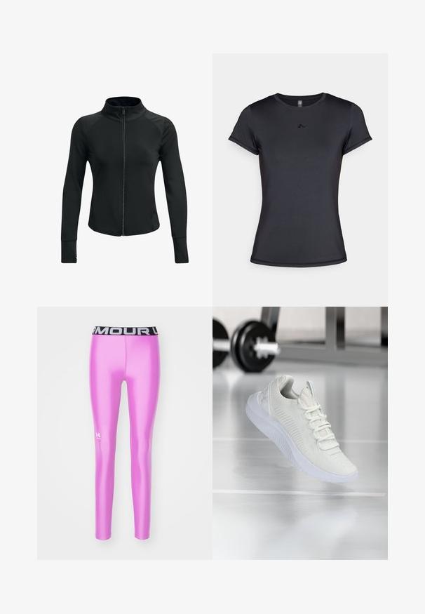 Black athletic jacket with a high collar, full zip, long sleeves, and textured shoulder accents. Made from a smooth, stretchy fabric.; Black short-sleeve t-shirt made of smooth, breathable fabric featuring a minimal logo design on the front. Classic crew neckline.; Pink athletic leggings with a glossy finish, featuring a black waistband with the logo printed in white on the lower left leg.; White athletic sneaker with a textured mesh upper and lacing system, featuring a cushioned white sole and subtle ribbed accents.