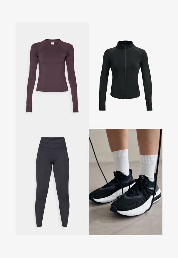 Zwarte sportieve jas met hoge kraag, volledige rits, lange mouwen en gestructureerde schouderaccenten. Gemaakt van een gladde, rekbare stof.; Mouwloze sporttop in donkerpaars, gemaakt van rekbaar materiaal. Heeft een ronde halslijn en subtiele ribbelaccenten aan de zijkanten.; Zwarte leggings met een hoge elastische tailleband met de tekst "UNDER ARMOUR". Glad textuur met subtiele patroonaccenten langs de benen.; Zwarte sportschoenen van gestructureerde stof, met een witte zool en zwarte veters. Draag ze met witte geribde sokken, staand op een lichte ondergrond.