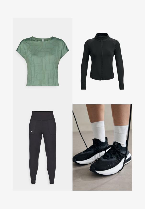 Zwarte sportieve jas met hoge kraag, volledige rits, lange mouwen en gestructureerde schouderaccenten. Gemaakt van een gladde, rekbare stof.; Groene T-shirt met korte mouwen, gemaakt van lichtgewicht stof, met een tonale geometrische print. Ronde halslijn en een relaxte pasvorm met zijnaad.; Zwarte sportleggings van rekbaar materiaal, met een hoge tailleband, zijzakken en aansluitende boorden bij de enkels.; Zwarte sportschoenen van gestructureerde stof, met een witte zool en zwarte veters. Draag ze met witte geribde sokken, staand op een lichte ondergrond.