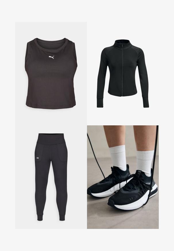 Juoda sportinė striukė su aukšta apykakle, visiškai užtraukiama, ilgomis rankovėmis ir tekstūruotomis pečių detalėmis. Pagaminta iš lygios, elastinės medžiagos.; Juodas sportinis marškinėlis be rankovių, pagamintas iš lygios, tamprios medžiagos, su apvaliu iškirpimu. Priekyje yra mažas baltas Puma logotipas.; Juodos sportinės leginsai, pagaminti iš tamprių medžiagų, su aukštu juosmeniu, šoninėmis kišenėmis ir priglundančiomis blauzdų manžetėmis.; Juodi sportiniai batai su tekstūruotu audiniu, balta padu ir juodais raiščiais. Dėvimi su baltais raištiniais kojiniais, stovint lengvame paviršiuje.