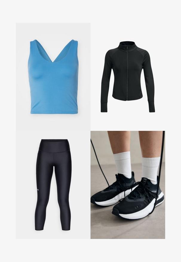 Juoda sportinė striukė su aukšta apykakle, visiškai užtraukiama, ilgomis rankovėmis ir tekstūruotomis pečių detalėmis. Pagaminta iš lygios, elastinės medžiagos.; Girlfriend Collective FLOAT ZOE TANK CROSS BACK - Viršus - surf; Juodos legging'os, pagamintos iš lygaus, tampraus audinio. Aukštas juosmuo, prigludusi forma ir mažas logotipas ant kairės kojos.; Juodi sportiniai batai su tekstūruotu audiniu, balta padu ir juodais raiščiais. Dėvimi su baltais raištiniais kojiniais, stovint lengvame paviršiuje.