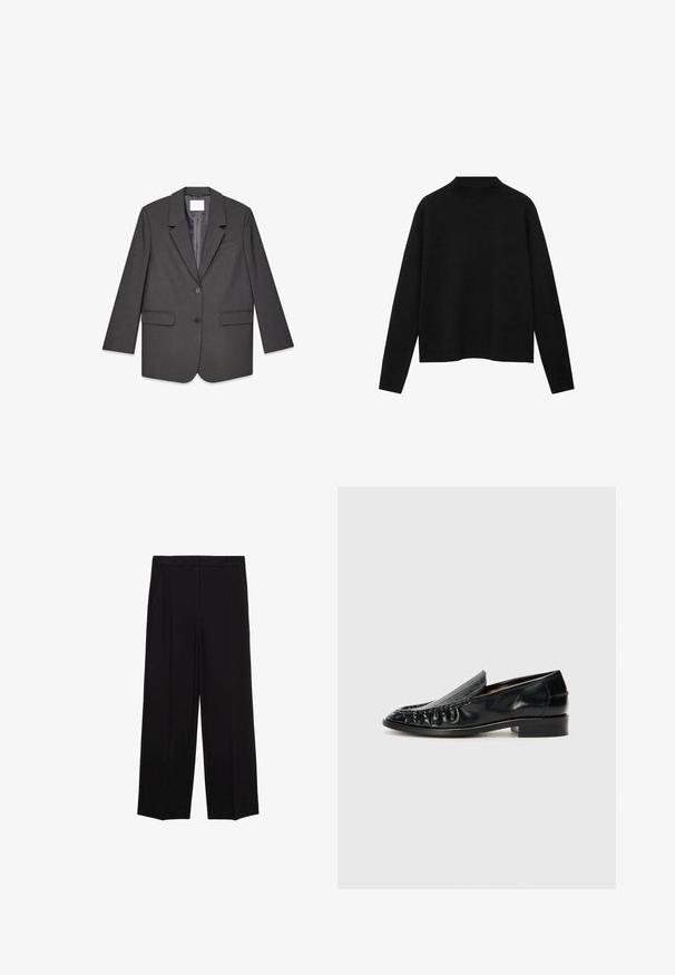Temno siva dvogumbna blazer jakna z odrezanimi lapeljami, dvema sprednjima žepoma z zaklopom in enim prsnim žepom z robom, prikazana v ravni postavitvi na belem ozadju.; Črn pulover z visokim ovratnikom, izdelan iz mehke tkanine, z dolgimi rokavi in sproščenim krojem, z čistim, minimalističnim dizajnom.; Črne široke hlače iz gladkega materiala, z gubami spredaj in stranskimi žepi, zasnovane v ravnem, sproščenem kroju.; Billi Bi Mokasini - black