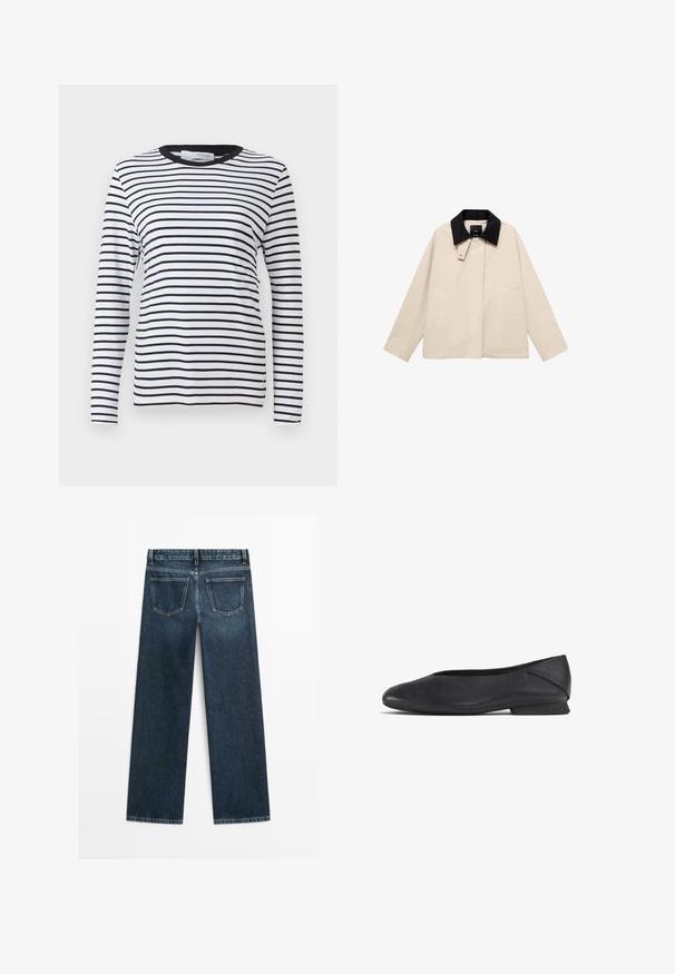 Beige jacka med svart manchestillkrage, med sidofickor och rak silhuett. Tillverkad av lätta material, designad för mångsidighet.; Långärmad skjorta med svartvita horisontella ränder, rundad halsringning, tillverkad av mjukt tyg, med en ren design utan mönster.; Mörkblå denimjeans med rak passform, som har två bakfickor och synlig sömnad längs sömmarna och fållarna.; Svarta läderskor med låg klack och rund tå, designade för både avslappnad och formell användning.