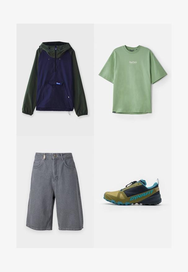 Pullover-Jacke in Dunkelblau und Olivgrün. Verfügt über eine Vordertasche, Kapuze und elastische Bündchen, hergestellt aus leichtem, strapazierfähigem Material.; Grünes Kurzarm-T-Shirt aus Baumwolle mit Rundhalsausschnitt und kleinem weißen Logo auf der Brust. Glatte Textur, lockere Passform.; Graue Denim-Shorts mit lockerer Passform, ausgestattet mit einem Knopfverschluss, fünf Taschen und einer leicht abgedunkelten Textur. Klassisches und vielseitiges Design.; Trailrunningschuh in Olivgrün und Navy, mit einer strukturierten Oberfläche, blauen Akzenten, einem sicheren Schnürsystem und einer robusten Außensohle für Grip.