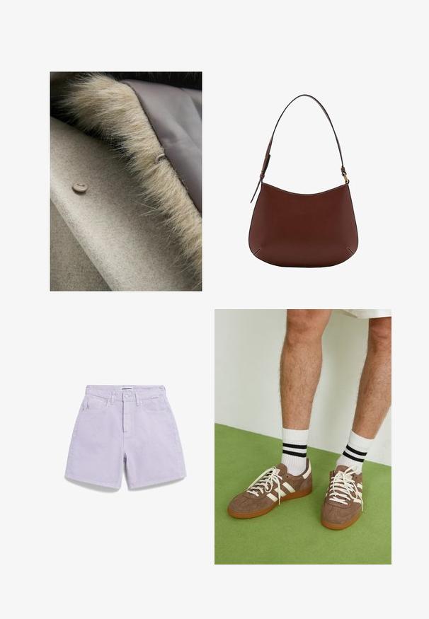 Beige wol stof met een zachte nepbont rand langs de rand, voorzien van een ronde knoopsluiting in een lichte taupe kleur. Glad interieur voering.; Witte gebreide trui met zwarte horizontale strepen, geribbelde manchetten en onderrand, relaxte pasvorm, ronde halslijn en zijsplitten op de taille.; Lila spijkerbroekshorts met een rechte snit, voorzien van zijzakken, een knoopsluiting en subtiele stikseldetails.; Bruine suède sneakers met witte accenten en veters. Rubberen gumzool. Draag met witte sokken met zwarte strepen. Groene gestructureerde vloer.; Bruine leren schoudertas met een gebogen silhouet, enkele strap, contrasterende stiksels en een minimalistisch ontwerp.