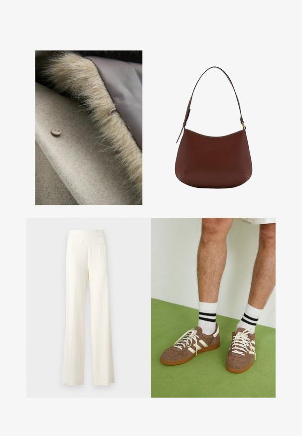 Beige Wollstoff mit einem weichen Kunstfellbesatz am Rand, ausgestattet mit einer runden Knopfverschluss in einem hellen Taupe. Glatte Innenauskleidung.; Weißer Strickpullover mit schwarzen horizontalen Streifen, gerippten Bündchen und Saum, lässiger Schnitt, Rundhalskragen und seitlichen Schlitzen an der Taille.; Weite Hosen in Elfenbein aus strukturiertem Stoff, mit dezenten vertikalen Nadelstreifen und zwei Gesäßtaschen.; Braune Wildleder-Sneaker mit weißen Akzenten und Schnürsenkeln. Gummisohle in Kautschuk-Optik. Getragen mit weißen Socken, die schwarze Streifen haben. Grüner strukturierter Fußboden.; Braune Leder-Schultertasche mit einer geschwungenen Silhouette, einem einzelnen Tragen, kontrastierenden Nähten und minimalistischem Design.