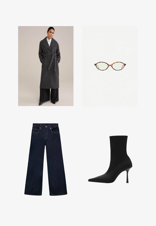 Grijze wollen trenchcoat met een brede revers, een ceintuur in de taille, zijzakken en lange mouwen; gecombineerd met zwarte wijde broek en puntige schoenen.; Lichtgrijze, langmouwen trui gemaakt van zacht, pluizig materiaal met een ronde halslijn en een relaxte pasvorm. Geen zichtbare patronen of hardware.; Donkerblauwe denim wijde jeans met een hoge taille, voorzien van vijf zakken, metalen knoopsluiting en zichtbare stikselaccenten.; Zwarte enkellaars met een puntige neus, bovenwerk van rekbaar materiaal en een elegante hoge sleehak. Glad textuur met een minimalistisch ontwerp.; Kattenoogbril met ovale lenzen en een strakke, gladde afwerking. Heeft dunne zijkanten met een subtiele kromming bij de slapen. Transparante lenzen.; Beige gebreide driehoekige sjaal met puntige uiteinden, met merklabel en certificeringsetiket bij de bovenrand.