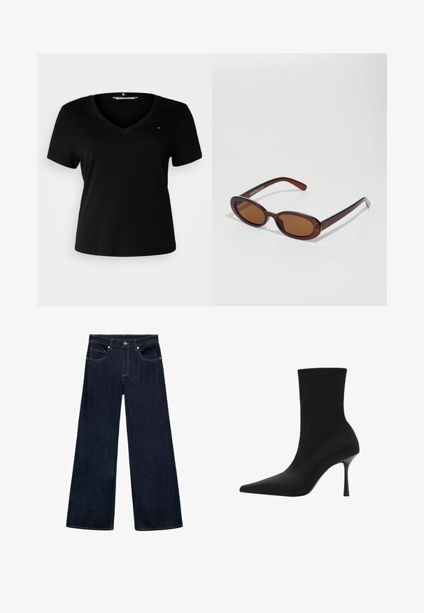 Gray wool blend trench coat with a wide lapel, belted waist, side pockets, and long sleeves; paired with black wide-leg trousers and pointed shoes.; Black short-sleeve t-shirt with a v-neckline, made from a smooth fabric. Features a small embroidered logo on the chest.; Dark blue denim wide-leg jeans with a high waist, featuring five pockets, metal button closure, and visible stitching accents.; Black ankle boot featuring a pointed toe, stretchy fabric upper, and a sleek high stiletto heel. Smooth texture with a minimalist design.; Round, brown-tinted sunglasses with a glossy burgundy frame. Slim arms with subtle branding detail. Flat lens design.