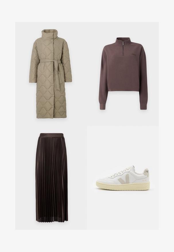 Abrigo largo en tono topo, acolchado, con cuello alto y cinturón de tela a juego atado en la cintura, que presenta un diseño de costura en patrón de olas en toda su superficie.; Suéter recortado de manga larga en tejido acanalado de color malva oscuro con cremallera de un cuarto y un pequeño logo de la marca en el pecho. Textura suave.; Falda midi plisada en tejido marrón oscuro, con una cintura suave, diseño hasta el suelo y pliegues verticales para añadir textura.; Zapatilla de piel blanca con acentos de ante beige, caja de puntera perforada, cordones planos y suela texturizada en color crema. Cuenta con un branding sutil en el talón.