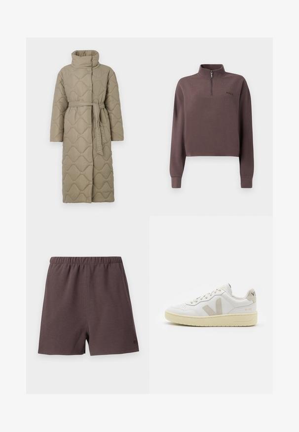 Langer taubefarbener gesteppter Mantel mit hohem Kragen und passendem Stoffgürtel, der in der Taille gebunden ist, mit Wellenmuster-Steppung. ; Gekürzter, langärmliger Pullover aus dunkelmaulbeerfarbenem Rippstoff mit einem Viertelreißverschluss und einem kleinen Markenlogo auf der Brust. Weicher Griff.; Dunkelbraune Shorts aus strukturiertem, gewebtem Stoff. Mit einem elastischen Bund und einem kleinen Logo-Akzent auf der unteren rechten Seite.; Weiße Ledersneaker mit beigen Wildlederakzenten, perforierte Zehenbox, flache Schnürsenkel und eine strukturierte cremefarbene Sohle. Mit dezentem Branding an der Ferse.