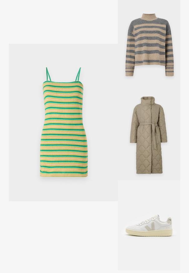 Langer taubefarbener gesteppter Mantel mit hohem Kragen und passendem Stoffgürtel, der in der Taille gebunden ist, mit Wellenmuster-Steppung. ; Gestreifter Strickpullover in Grau- und Beigetönen, mit hohem Kragen, breiten Bündchen an den Ärmeln und einer lockeren Passform im verkürzten Design.; Gestreiftes Kleid mit dünnen Trägern, das grüne, gelbe und pinkfarbene horizontale Streifen zeigt. Hergestellt aus einem weichen, gerippten Stoff mit einer figurbetonten Silhouette.; Weiße Ledersneaker mit beigen Wildlederakzenten, perforierte Zehenbox, flache Schnürsenkel und eine strukturierte cremefarbene Sohle. Mit dezentem Branding an der Ferse.