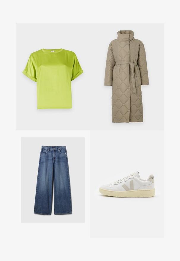 Ilgas taupe spalvos siuvinėtas paltas su aukštu apykakle ir derančiu audinio diržu, suvytu juosmenyje, su banguotu raštu siuvinėjimu visame paviršiuje.; Dryžuotas mezginys su pilkos ir smėlio spalvomis, aukštu kaklu, plačiomis rankovėmis su atvartais ir laisvu siluetu, trumpesnio ilgio.; Ryški žalias trumpomis rankovėmis viršus su apvalia iškirpte. Lygus, blizgus audinys su laisvu siluetu. Suvynioti rankovių kraštai ir tiesus apatinis kraštas.; Platus mėlynos džinsinės kelnės su išblukusiu paviršiumi, su mygtukų ir užtrauktuko uždarymu, penkiomis kišenėmis ir diržo kilpomis.; Balti odiniai sportbačiai su kreminiais zomšos akcentais, perforuota pirštų dalimi, plokščiomis raišteliais ir struktūruota kreminėmis padomis. Ant kulno yra subtilus ženklinimas.