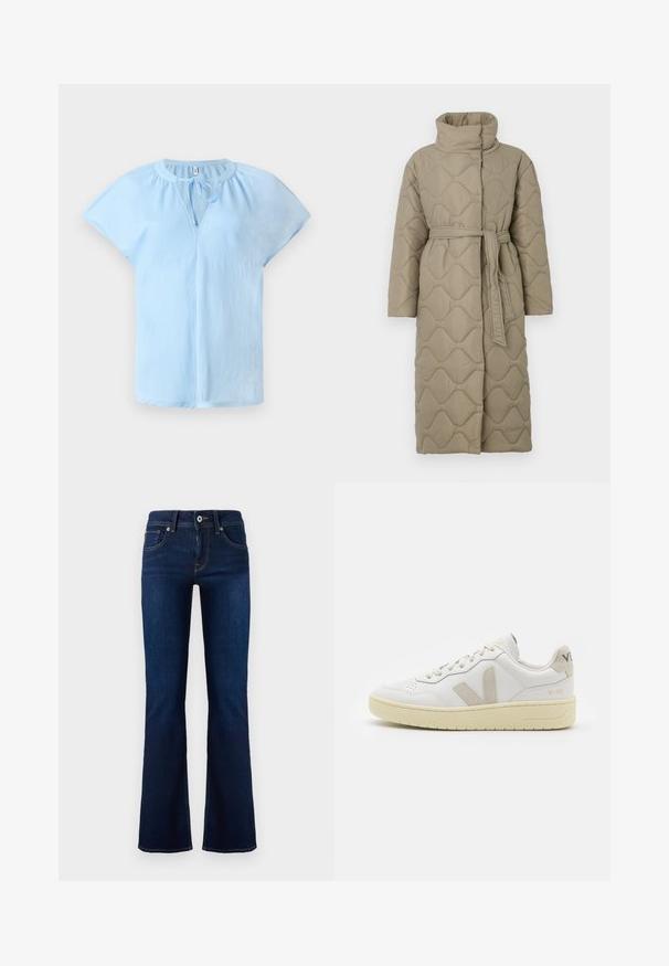 Cappotto lungo color taupe trapuntato con alto colletto e cintura in tessuto abbinato legata in vita, caratterizzato da cuciture a motivo ondulato in tutto il capo.; Maglione a righe realizzato in maglia, nei colori grigio e beige, con collo alto, maniche larghe con polsini e una vestibilità rilassata con un design corto.; Blusa azzurro chiaro a maniche corte con scollatura rotonda e dettagli con fiocco nella parte anteriore. Realizzata in tessuto morbido e leggero con una vestibilità comoda.; Jeans a zampa d'elefante in denim blu scuro con vita media, tasche frontali e cuciture in contrasto. Presentano una chiusura con bottone metallico e passanti per cintura.; Sneaker in pelle bianca con dettagli in suede beige, punta perforata, lacci piatti e suola testurizzata color crema. Presenta un logo discreto sul tallone.