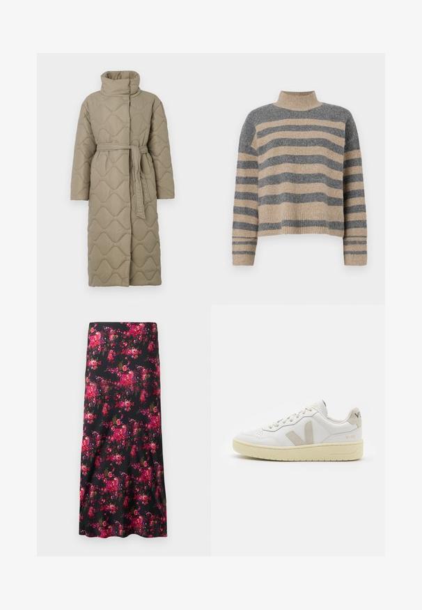 Langer taubefarbener gesteppter Mantel mit hohem Kragen und passendem Stoffgürtel, der in der Taille gebunden ist, mit Wellenmuster-Steppung. ; Gestreifter Strickpullover in Grau- und Beigetönen, mit hohem Kragen, breiten Bündchen an den Ärmeln und einer lockeren Passform im verkürzten Design.; Blumen-Midi-Rock in Schwarz mit einem lebhaften Muster aus rosa und roten Blumen. Glattes Material, A-Linien-Form, mit einem breiten Saum.; Weiße Ledersneaker mit beigen Wildlederakzenten, perforierte Zehenbox, flache Schnürsenkel und eine strukturierte cremefarbene Sohle. Mit dezentem Branding an der Ferse.