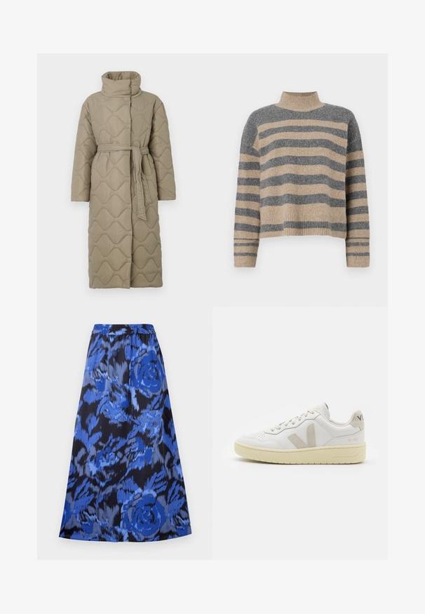 Ilgas taupe spalvos siuvinėtas paltas su aukštu apykakle ir derančiu audinio diržu, suvytu juosmenyje, su banguotu raštu siuvinėjimu visame paviršiuje.; Dryžuotas mezginys su pilkos ir smėlio spalvomis, aukštu kaklu, plačiomis rankovėmis su atvartais ir laisvu siluetu, trumpesnio ilgio.; Platėjančio silueto sijonas mėlynos gėlės raštu ant juodo fono. Elastinga juosmens juosta, lengvas audinys ir kelio ilgio dizainas.; Balti odiniai sportbačiai su kreminiais zomšos akcentais, perforuota pirštų dalimi, plokščiomis raišteliais ir struktūruota kreminėmis padomis. Ant kulno yra subtilus ženklinimas.