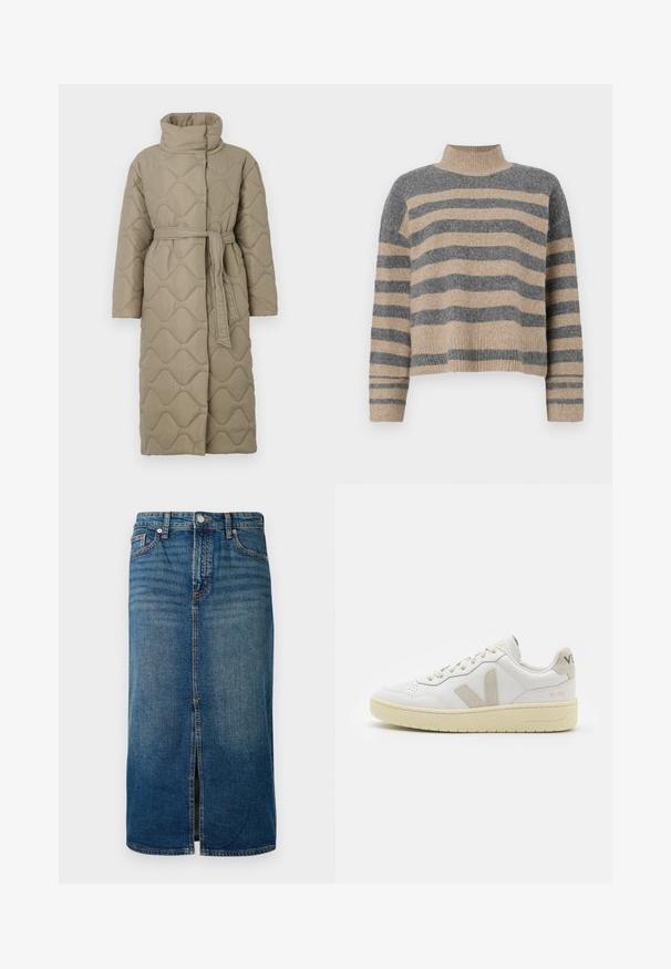 Long taupe quilted coat with high collar and matching fabric belt tied at the waist, featuring wave-pattern stitching throughout.; Striped knit sweater featuring gray and beige colors, high neck, wide cuffed sleeves, and a relaxed fit with a cropped design.; Denim midi skirt in dark blue with a front slit, five pockets, and contrast stitching. Features a button and zipper closure at the waist.; White leather sneaker with beige suede accents, perforated toe box, flat laces, and a textured cream sole. Features subtle branding on heel.