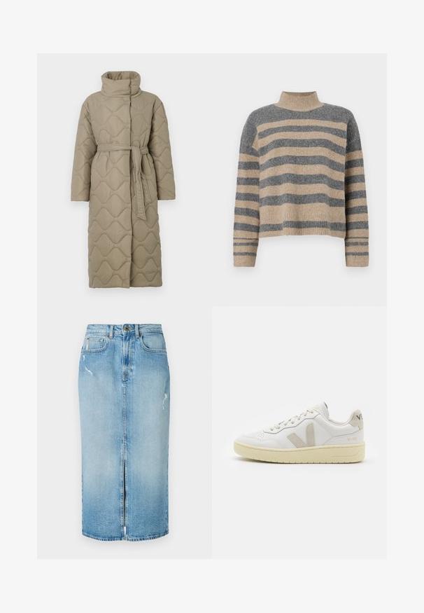 Pitkä taupe-värinen tikattu takki, jossa on korkea kaulus ja samaa kangasta oleva vyö solmittuna vyötärölle. Takissa on aallokkomuotoista tikkausta koko matkalta.; Raidallisen neulepaidan harmaan ja beigen sävyiset värit, korkea kaulus, leveät hihansuut ja rento istuvuus lyhyellä leikkauksella.; Vaaleansininen farkumidi-hame, jossa on etuläppi, haalistunut pinta ja kulutetut yksityiskohdat. Varustettu vyölenkeillä ja vetoketjukiinnityksellä edessä.; Valkoiset nahkakengät, joissa on vaaleanruskeat pigmenttisuojat, rei'itetty kärki, litteät nauhat ja teksturoitu kermaisa pohja. Takana on huomaamaton brändäys.