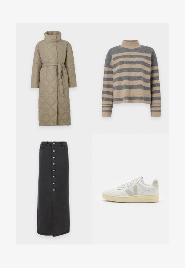 Langer taubefarbener gesteppter Mantel mit hohem Kragen und passendem Stoffgürtel, der in der Taille gebunden ist, mit Wellenmuster-Steppung. ; Gestreifter Strickpullover in Grau- und Beigetönen, mit hohem Kragen, breiten Bündchen an den Ärmeln und einer lockeren Passform im verkürzten Design.; Langer schwarzer Jeansrock mit vorderem Knopfverschluss, Gürtelschlaufen und Seitentaschen. Glatte Textur mit geradem Schnitt und leichtem Schlitz.; Weiße Ledersneaker mit beigen Wildlederakzenten, perforierte Zehenbox, flache Schnürsenkel und eine strukturierte cremefarbene Sohle. Mit dezentem Branding an der Ferse.