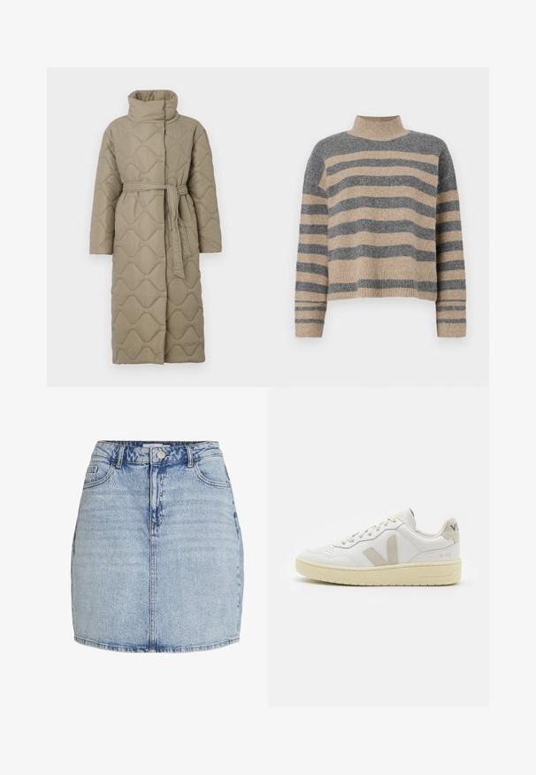 Hosszú taupe színű steppelt kabát magas gallérral és azonos anyagból készült övvel, amely a deréknál van megkötve, hullámmintás varrással az egész felületen.; Csíkos kötött pulóver szürke és bézs színekkel, magas gallérral, széles mandzsettás ujjal és laza, rövidített fazonnal.; Világoskék farmer mini szoknya elülső gomb- és cipzárzárral, övhurkokkal és elülső zsebekkel.; Fehér bőr sneaker bézs velúr részletekkel, perforált orr résszel, lapos fűzőkkel és textúrált krémszínű talppal. Finom márkajelzés található a sarkán.