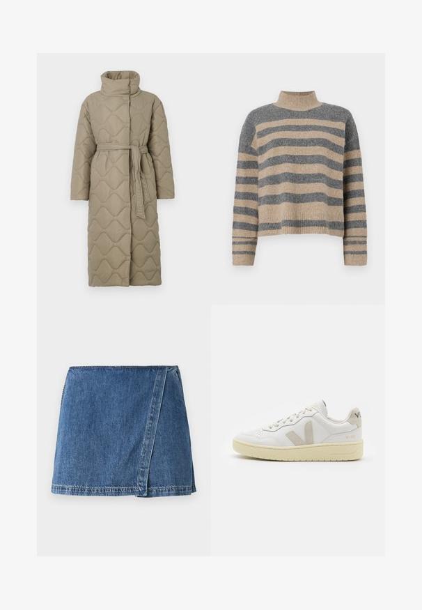 Manteau long en taupe matelassé avec col haut et ceinture en tissu assorti nouée à la taille, présentant des coutures en motif de vagues sur l'ensemble.; Pull en maille rayé aux couleurs grises et beiges, col haut, manches large à poignet, coupe décontractée avec un design court.; Jupe en denim de couleur bleue moyenne avec un design croisé, présentant des coutures visibles et un ourlet droit.; Baskets blanches en cuir avec des accents en daim beige, boîte à orteils perforée, lacets plats et semelle texturée crème. Présente un logo discret au talon.