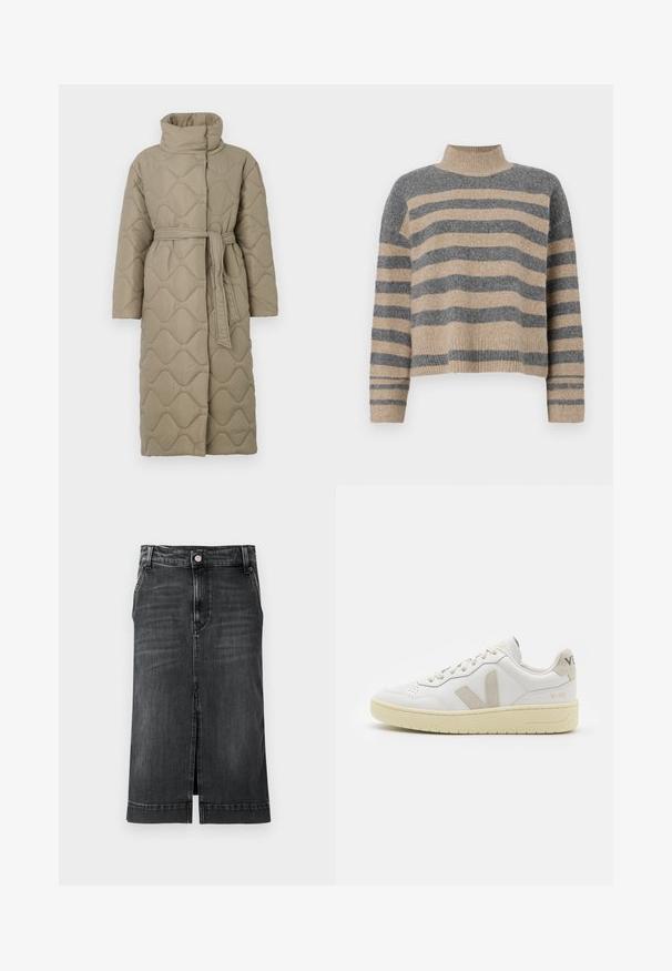 Hosszú taupe színű steppelt kabát magas gallérral és azonos anyagból készült övvel, amely a deréknál van megkötve, hullámmintás varrással az egész felületen.; Csíkos kötött pulóver szürke és bézs színekkel, magas gallérral, széles mandzsettás ujjal és laza, rövidített fazonnal.; Sötét farmer szoknya egyenes szabással, térdig érő hosszban, elöl hasítékkal és klasszikus öt zsebes kialakítással. Gombos záródással és övbújtatókkal rendelkezik.; Fehér bőr sneaker bézs velúr részletekkel, perforált orr résszel, lapos fűzőkkel és textúrált krémszínű talppal. Finom márkajelzés található a sarkán.