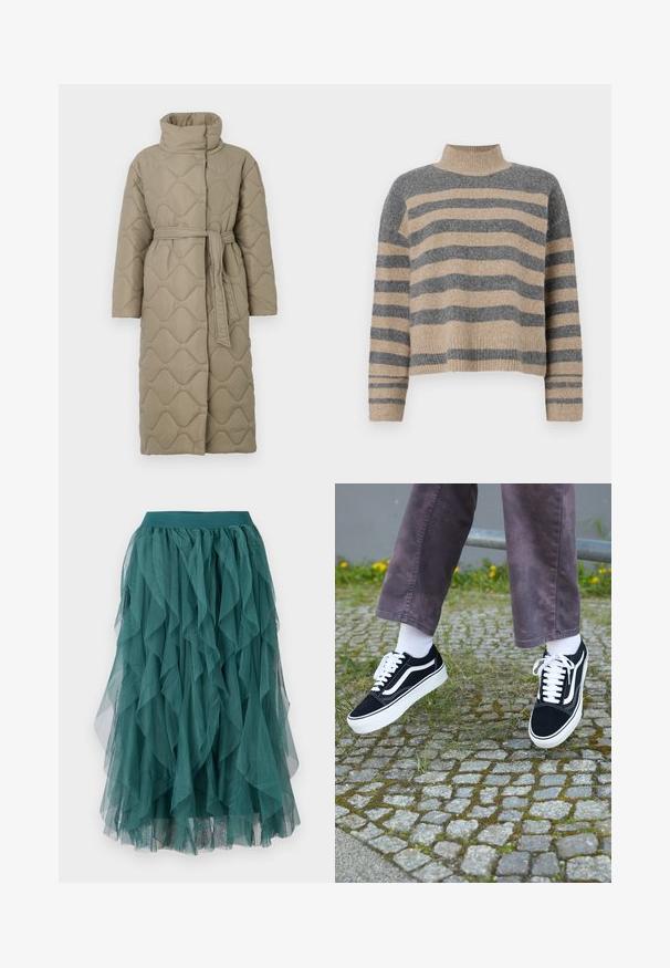 Dlhý taupe prešívaný kabát s vysokým golierom a opaskom z rovnakého materiálu viazaným v páse, so štepovaním vlnkového vzoru po celej ploche.; Prúžkovaný pletený sveter s šedými a béžovými farbami, vysokým golierom, širokými manžetami a voľným strihom s krátkym dizajnom.; Tyrkysová tylová sukňa s viacvrstvovými volánmi, s elastickým pásom a splývavou textúrou. Tkanina je ľahká a priesvitná.; Čierne semišové tenisky s bielymi akcentmi, s okrúhlou špičkou, hrubou bielou podrážkou a klasickým šnurovacím dizajnom, kombinované s bielymi ponožkami a fialovými nohavicami.