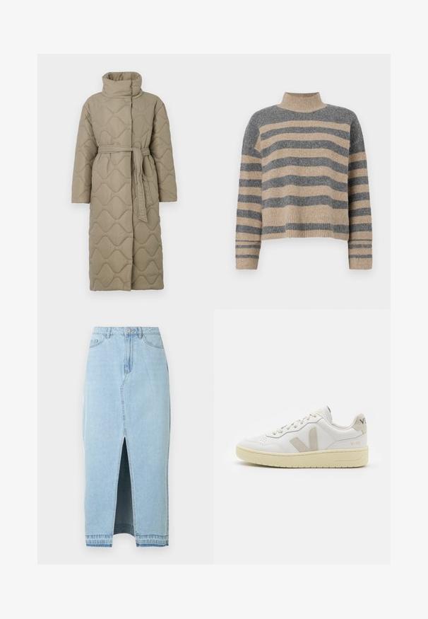 Lang taupe quiltet frakk med høy krage og belte i matchende stoff knyttet rundt livet, med bølgemønster-innsying gjennom hele frakken.; Stripet strikkegenser som har grå og beige farger, høy hals, brede mansjetter og en avslappet passform med kort design.; Lyseblå denimskjørt med frontsplitt og linning. Har tradisjonelt design med fem lommer og lukking med metallknapp.; Hvite lær sneakers med beige semsket detaljer, perforert tåboks, flate lisser og en teksturert kremfarget såle. Har subtil branding på hælen.