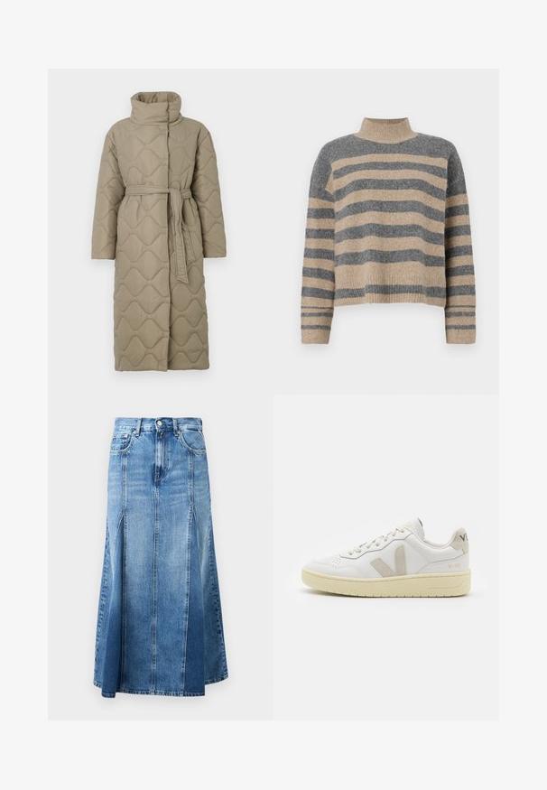 Dolga taupe puhovka s visokim ovratnikom in pasom iz iste tkanine, zavezanim na pasu, ki vsebuje šivane vzorce valov v celotni dolžini.; Prajčast pulover z šivi v sivi in bež barvi, visokim ovratnikom, širokimi manšetami in sproščenim krojem s skrajšano zasnovo.; Denim krilo z blago do temno modrim gradientom, dolžine do kolen, s ravnim krojem, sprednjimi razporki ter klasičnim gumbom in zadrgo za zapiranje.; Bela usnjena tenisača z bež semiš poudarki, perforiranim prednjim delom, ravnimi vezalkami in strukturiranim kremnim podplatom. Ima diskretno blagovno znamko na peti.