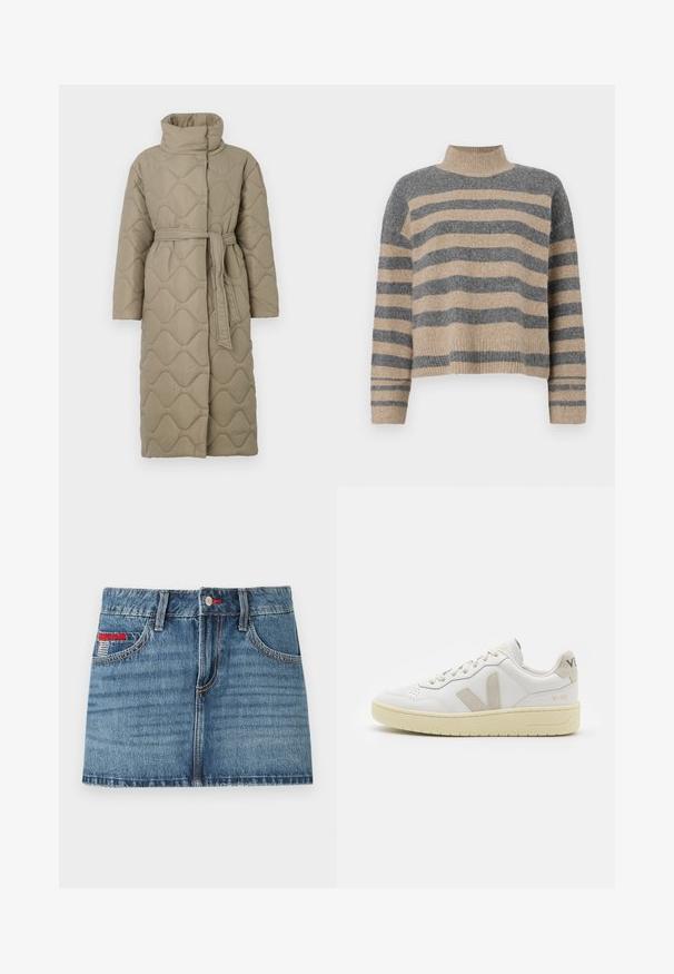 Ilgas taupe spalvos siuvinėtas paltas su aukštu apykakle ir derančiu audinio diržu, suvytu juosmenyje, su banguotu raštu siuvinėjimu visame paviršiuje.; Dryžuotas mezginys su pilkos ir smėlio spalvomis, aukštu kaklu, plačiomis rankovėmis su atvartais ir laisvu siluetu, trumpesnio ilgio.; Vidutinio mėlynumo džinsinis mini sijonas su nušvitusia tekstūra, penkiomis kišenėmis ir raudonos siūlės akcentais. Su mygtuko užsegimu ir diržo kilpomis.; Balti odiniai sportbačiai su kreminiais zomšos akcentais, perforuota pirštų dalimi, plokščiomis raišteliais ir struktūruota kreminėmis padomis. Ant kulno yra subtilus ženklinimas.