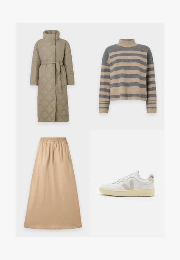 Langer taubefarbener gesteppter Mantel mit hohem Kragen und passendem Stoffgürtel, der in der Taille gebunden ist, mit Wellenmuster-Steppung. ; Gestreifter Strickpullover in Grau- und Beigetönen, mit hohem Kragen, breiten Bündchen an den Ärmeln und einer lockeren Passform im verkürzten Design.; Beige Maxi-Rock aus leichtem Stoff, mit elastischem Bund und glatter Textur, in gerader, fließender Form.; Weiße Ledersneaker mit beigen Wildlederakzenten, perforierte Zehenbox, flache Schnürsenkel und eine strukturierte cremefarbene Sohle. Mit dezentem Branding an der Ferse.