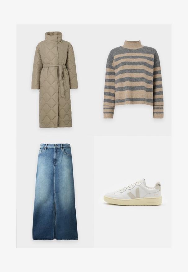 Manteau lung de culoare taupe, matlasat, cu guler înalt și curea din același material legată în talie, având o broderie în formă de valuri pe întreaga suprafață.; Pulover tricotat cu dungi, în culori gri și bej, guler înalt, mâneci late cu manșete și o croială lejeră cu un design scurt.; Fustă din denim cu un gradient de la albastru deschis la albastru închis, având o fanta frontală, talie standard și un croi drept cu margini tivite.; Pantofii sport din piele albă cu accente din suede bej, cutie pentru degete perforată, șireturi plate și o talpă texturată de crem. Prezintă branding subtil pe călcâi.