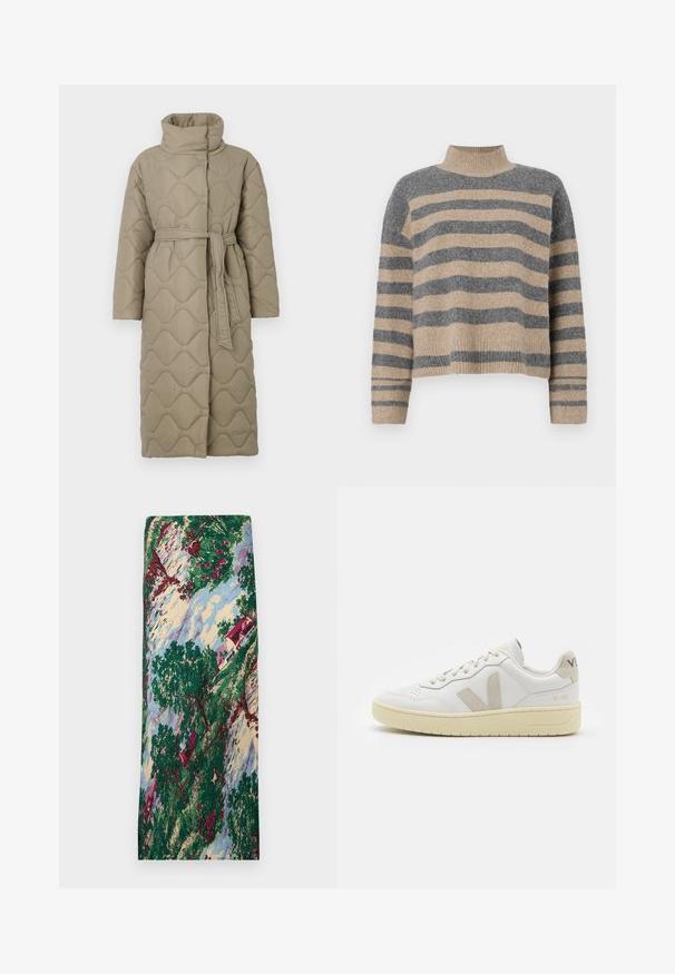 Lange taupe gekwiltde jas met hoge kraag en bijpassende stoffen riem die om de taille is geknoopt, met golfpatroon stiksel over het geheel.; Gestreepte gebreide trui met grijze en beige kleuren, hoge hals, brede mouwen met manchetten en een relaxte pasvorm met een cropped ontwerp.; Geweven stof met een landschapsscene met groene bomen, rode bloemen, een huis met een rode dak en een blauwe lucht. Zachte textuur.; Witte leren sneaker met beige suède accenten, geperforeerde neus, platte veters en een gestructureerde crèmekleurige zool. Heeft subtiele branding op de hak.