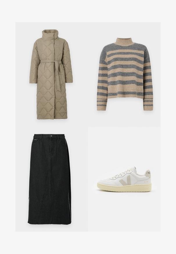 Hosszú taupe színű steppelt kabát magas gallérral és azonos anyagból készült övvel, amely a deréknál van megkötve, hullámmintás varrással az egész felületen.; Csíkos kötött pulóver szürke és bézs színekkel, magas gallérral, széles mandzsettás ujjal és laza, rövidített fazonnal.; Fekete farmer szoknya magas derekú, egyenes szabású, és egyedi ferde varrásokkal. Oldalsó hasítékokkal és gombos záródással rendelkezik a derék résznél.; Fehér bőr sneaker bézs velúr részletekkel, perforált orr résszel, lapos fűzőkkel és textúrált krémszínű talppal. Finom márkajelzés található a sarkán.