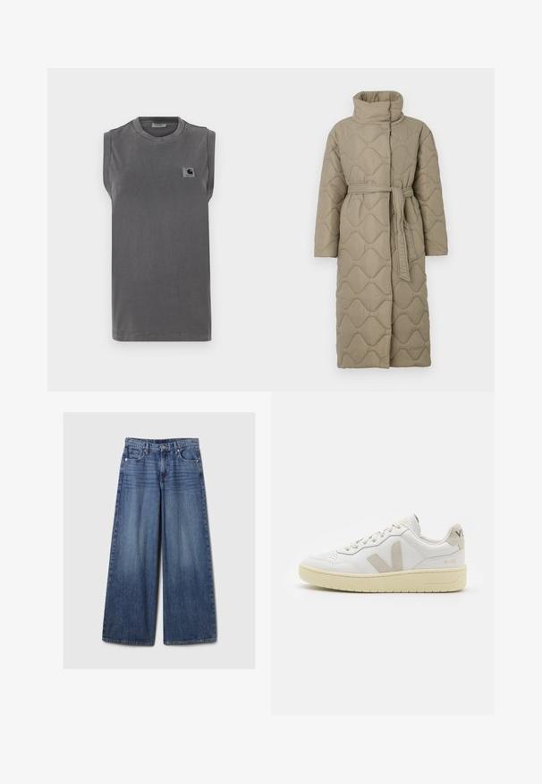 Long taupe quilted coat with high collar and matching fabric belt tied at the waist, featuring wave-pattern stitching throughout.; Striped knit sweater featuring gray and beige colors, high neck, wide cuffed sleeves, and a relaxed fit with a cropped design.; Gray sleeveless t-shirt made of cotton blend fabric. Features a round neck and a small logo patch on the left chest area.; Wide-leg blue denim jeans with a faded finish, featuring a button and zipper closure, five pockets, and belt loops.; White leather sneaker with beige suede accents, perforated toe box, flat laces, and a textured cream sole. Features subtle branding on heel.