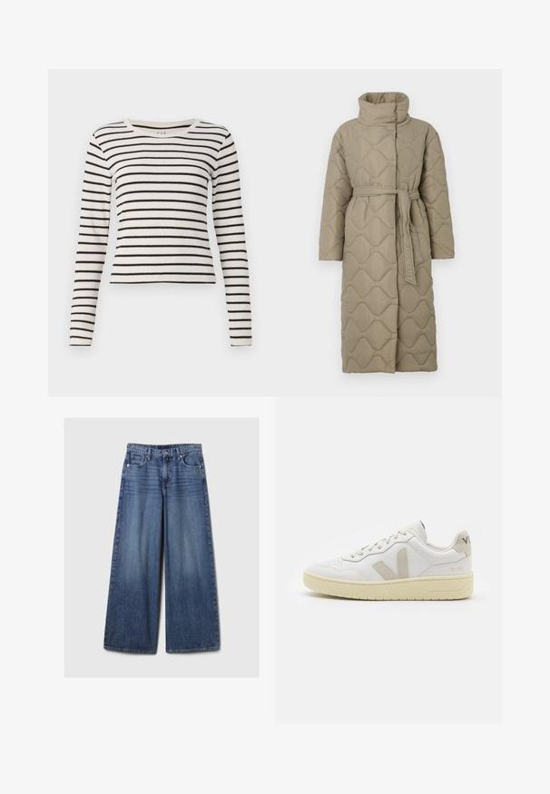 Garšs pelēkbrūns quiltēts mētelis ar augstu apkakli un atbilstošu auduma jostu, kas sasieta ap vidukli, ar viļņu raksta šuvēm visā virsmā.; Raitaināta džemperis ar pelēkajām un bežām krāsām, augstu apkakli, platām aprocēm un brīvu piegriezumu ar īsu dizainu.; Svītrainā garām piedurknēm kreklā krēmkrāsā un melnā krāsā. Tam ir apaļais apkakles izgriezums, ribota tekstūra un pieguļošs dizains ar horizontālām svītrām.; Platām kājām zila denima bikses ar izbalējušu apdari, ar pogu un rāvējslēdzēju, pieciem kabatām un jostu cilpām.; Baltas ādas sporta apavu pāris ar bēšiem zamša akcentiem, caurumiņu purngalā, plakanu šņorēšanu un teksturētu krēmkrāsas zoli. Iezīmējas ar diskrētu zīmolu uz papēža.