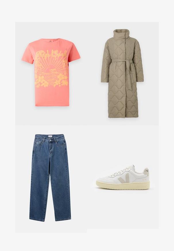Langer taubefarbener gesteppter Mantel mit hohem Kragen und passendem Stoffgürtel, der in der Taille gebunden ist, mit Wellenmuster-Steppung. ; Gestreifter Strickpullover in Grau- und Beigetönen, mit hohem Kragen, breiten Bündchen an den Ärmeln und einer lockeren Passform im verkürzten Design.; Koralle T-Shirt mit kurzen Ärmeln, das ein gelbes Grafikdesign mit Sonne, Wellen und floralen Elementen zeigt. Hergestellt aus Baumwolle. Klassische Passform.; Klassische blaue Denim-Jeans mit geradem Bein, fünf Taschen und Knopfverschluss. Sie verfügen über eine mittelblau gewaschene Optik und sind aus robuster Textur.; Weiße Ledersneaker mit beigen Wildlederakzenten, perforierte Zehenbox, flache Schnürsenkel und eine strukturierte cremefarbene Sohle. Mit dezentem Branding an der Ferse.