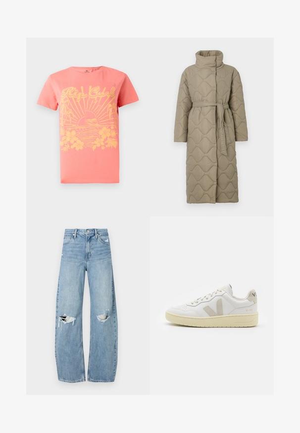 Long taupe quilted coat with high collar and matching fabric belt tied at the waist, featuring wave-pattern stitching throughout.; Striped knit sweater featuring gray and beige colors, high neck, wide cuffed sleeves, and a relaxed fit with a cropped design.; Coral short-sleeve t-shirt featuring a yellow graphic design with sun, waves, and floral elements. Made from cotton. Classic fit.; Light blue, high-waisted jeans made of denim. Feature wide legs, two torn knee areas, and classic five-pocket styling.; White leather sneaker with beige suede accents, perforated toe box, flat laces, and a textured cream sole. Features subtle branding on heel.