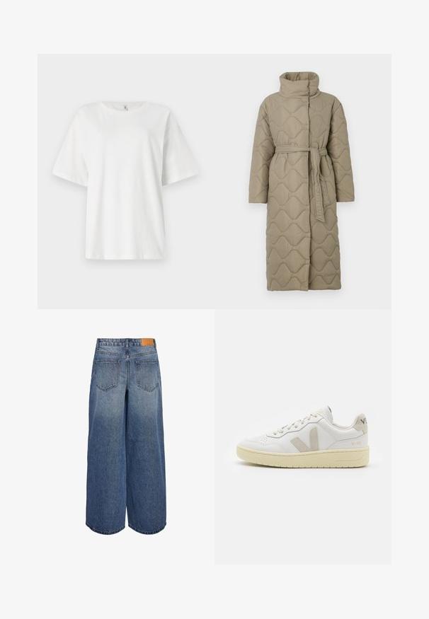 Cappotto lungo color taupe trapuntato con alto colletto e cintura in tessuto abbinato legata in vita, caratterizzato da cuciture a motivo ondulato in tutto il capo.; Maglione a righe realizzato in maglia, nei colori grigio e beige, con collo alto, maniche larghe con polsini e una vestibilità rilassata con un design corto.; T-shirt bianco a maniche corte in cotone. Collo rotondo e vestibilità rilassata. Tessuto liscio senza modelli visibili o dettagli in metallo.; Culotte in denim a gamba larga in un lavaggio blu medio con una texture sbiadita, dotate di due tasche posteriori e un'etichetta in pelle marrone del marchio sulla vita.; Sneaker in pelle bianca con dettagli in suede beige, punta perforata, lacci piatti e suola testurizzata color crema. Presenta un logo discreto sul tallone.