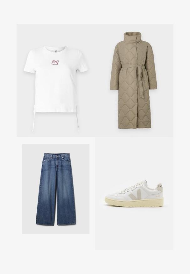 Long taupe quilted coat with high collar and matching fabric belt tied at the waist, featuring wave-pattern stitching throughout.; Striped knit sweater featuring gray and beige colors, high neck, wide cuffed sleeves, and a relaxed fit with a cropped design.; White cotton t-shirt with short sleeves. Features a small burgundy embroidered bow graphic and text "c'est moi." Side ties at the hem.; Wide-leg blue denim jeans with a faded finish, featuring a button and zipper closure, five pockets, and belt loops.; White leather sneaker with beige suede accents, perforated toe box, flat laces, and a textured cream sole. Features subtle branding on heel.