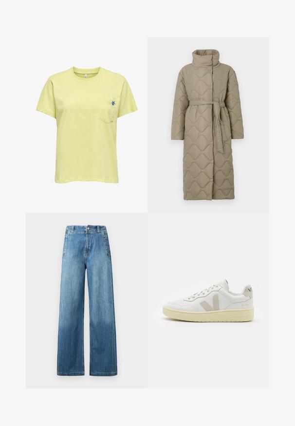 Hosszú taupe színű steppelt kabát magas gallérral és azonos anyagból készült övvel, amely a deréknál van megkötve, hullámmintás varrással az egész felületen.; Csíkos kötött pulóver szürke és bézs színekkel, magas gallérral, széles mandzsettás ujjal és laza, rövidített fazonnal.; Sárga pamut póló rövid ujjakkal, kerek nyakkivágással, és egyetlen mellzsebbel, amely kék virág hímzés részlettel rendelkezik.; Világoskék farmer széles szárú nadrág magas derékkal, két elülső zsebbel, övhurkokkal és finoman fakó textúrával.; Fehér bőr sneaker bézs velúr részletekkel, perforált orr résszel, lapos fűzőkkel és textúrált krémszínű talppal. Finom márkajelzés található a sarkán.