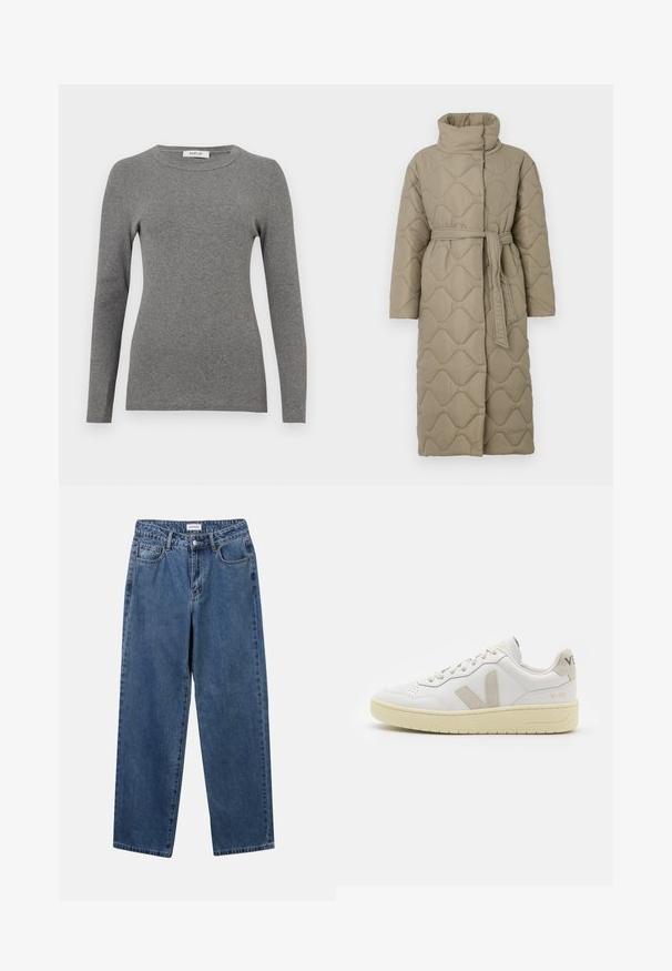 Pikk taupe värvi tikitud mantel kõrge kraega ja sobiva materjalist vööga, mis on seotud vöökohal, ning kogu ulatuses on lainelise mustriga tikand.; Triibuline kudumipusa, millel on hallid ja beezid toonid, kõrge kaelus, laiad mansetid ja vabalt langev lõige koos lühendatud disainiga.; Hall padev varrukatega hall särke, mis on valmistatud pehmest ribakujulisest materjalist. Omab ümardatud kaelust ja vormitud lõiget, minimaalsete aksessuaaride või mustritega.; Klassikalised sinised denimists teksad otsejalaga disainiga, viie taskuga ja nööbisuletusega. Omab keskmist pesu ja tugevat tekstuuri.; Valge nahast tenniseking, millel on beežist siidist aktsent ja aukudega varvas, lame paelad ja tekstureeritud koorevärvi tallad. Omab nüansirikast brändimist kannal.