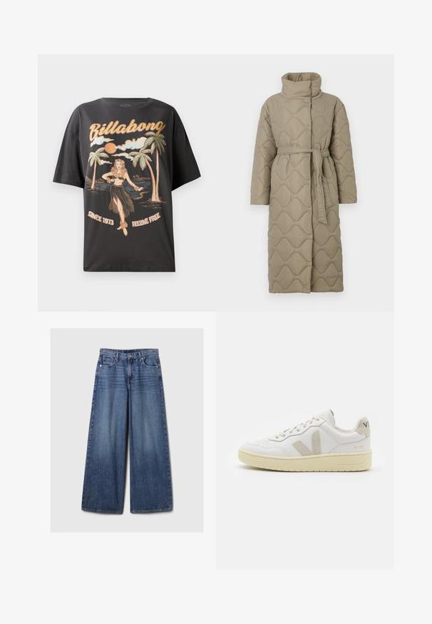 Long taupe quilted coat with high collar and matching fabric belt tied at the waist, featuring wave-pattern stitching throughout.; Striped knit sweater featuring gray and beige colors, high neck, wide cuffed sleeves, and a relaxed fit with a cropped design.; Black cotton t-shirt featuring a colorful graphic of a hula dancer, palm trees, and text "Billabong" in bold lettering.; Wide-leg blue denim jeans with a faded finish, featuring a button and zipper closure, five pockets, and belt loops.; White leather sneaker with beige suede accents, perforated toe box, flat laces, and a textured cream sole. Features subtle branding on heel.