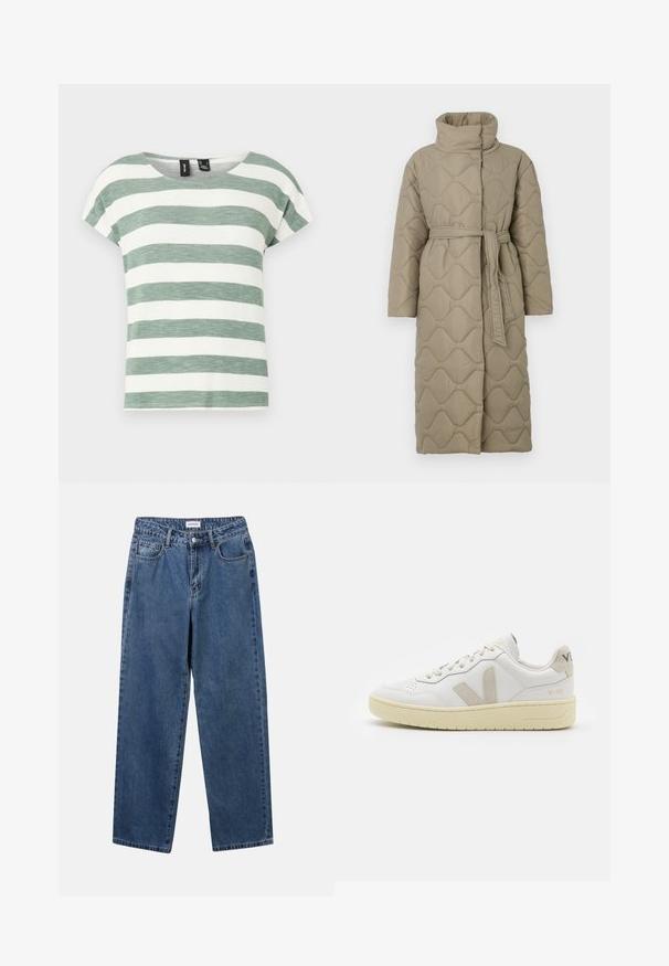 Lang taupe quiltet frakk med høy krage og belte i matchende stoff knyttet rundt livet, med bølgemønster-innsying gjennom hele frakken.; Stripet strikkegenser som har grå og beige farger, høy hals, brede mansjetter og en avslappet passform med kort design.; Stripet t-skjorte i grønn og hvit, laget av et teksturert stoff. Har en rund halslinning og korte pufferm.; Klassiske blå denimjeans med rett ben-design, fem lommer og knappelukking. Har en middels vask og solid tekstur.; Hvite lær sneakers med beige semsket detaljer, perforert tåboks, flate lisser og en teksturert kremfarget såle. Har subtil branding på hælen.