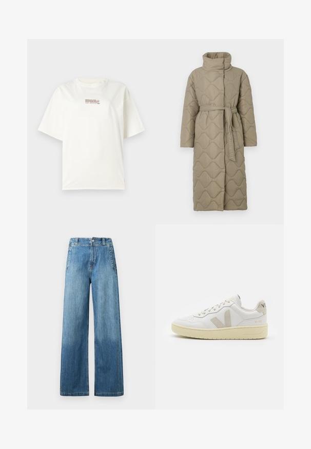 Long taupe quilted coat with high collar and matching fabric belt tied at the waist, featuring wave-pattern stitching throughout.; Striped knit sweater featuring gray and beige colors, high neck, wide cuffed sleeves, and a relaxed fit with a cropped design.; White crew neck t-shirt with short sleeves, featuring a small red and brown logo text at the center front. Made of cotton material.; Light blue denim wide-leg jeans with a high waist, featuring two front pockets, belt loops, and a subtle faded texture.; White leather sneaker with beige suede accents, perforated toe box, flat laces, and a textured cream sole. Features subtle branding on heel.